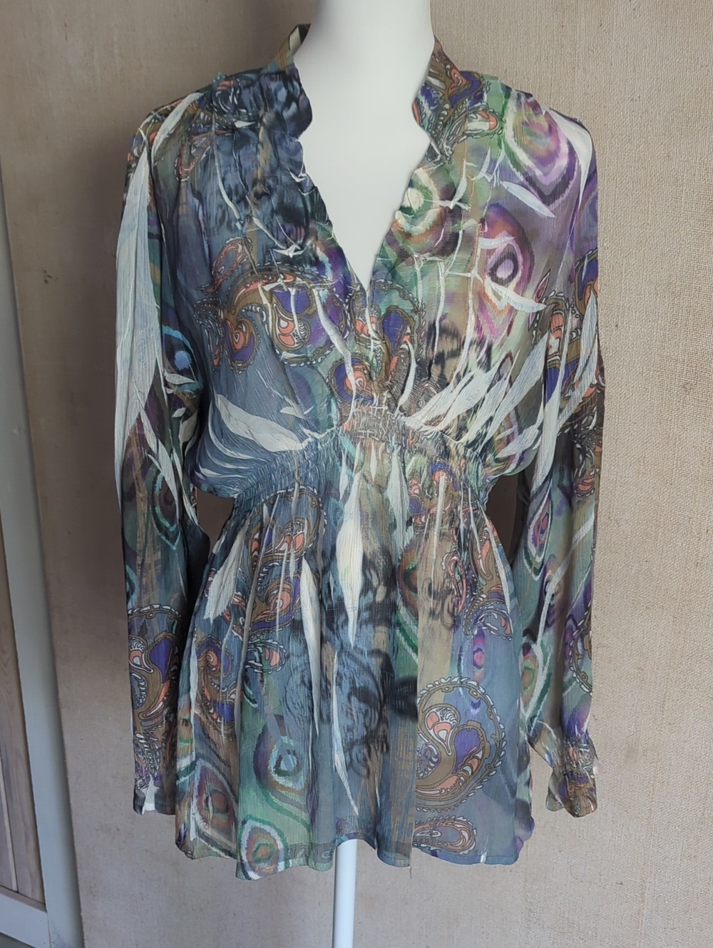 Mushka Sienna Rose Paisley Sheer V-Neck Blouse in Teal and Purple